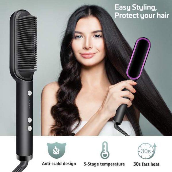 Professional Hair Straightener Brush – Anti-Scald Comb with 5 Temperature Settings